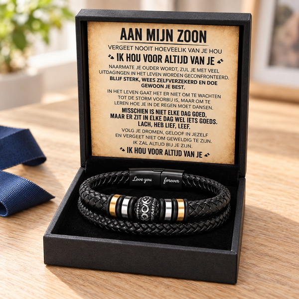 Aan Mijn Zoon – Gevlochten Leren Armband van Roestvrij Staal