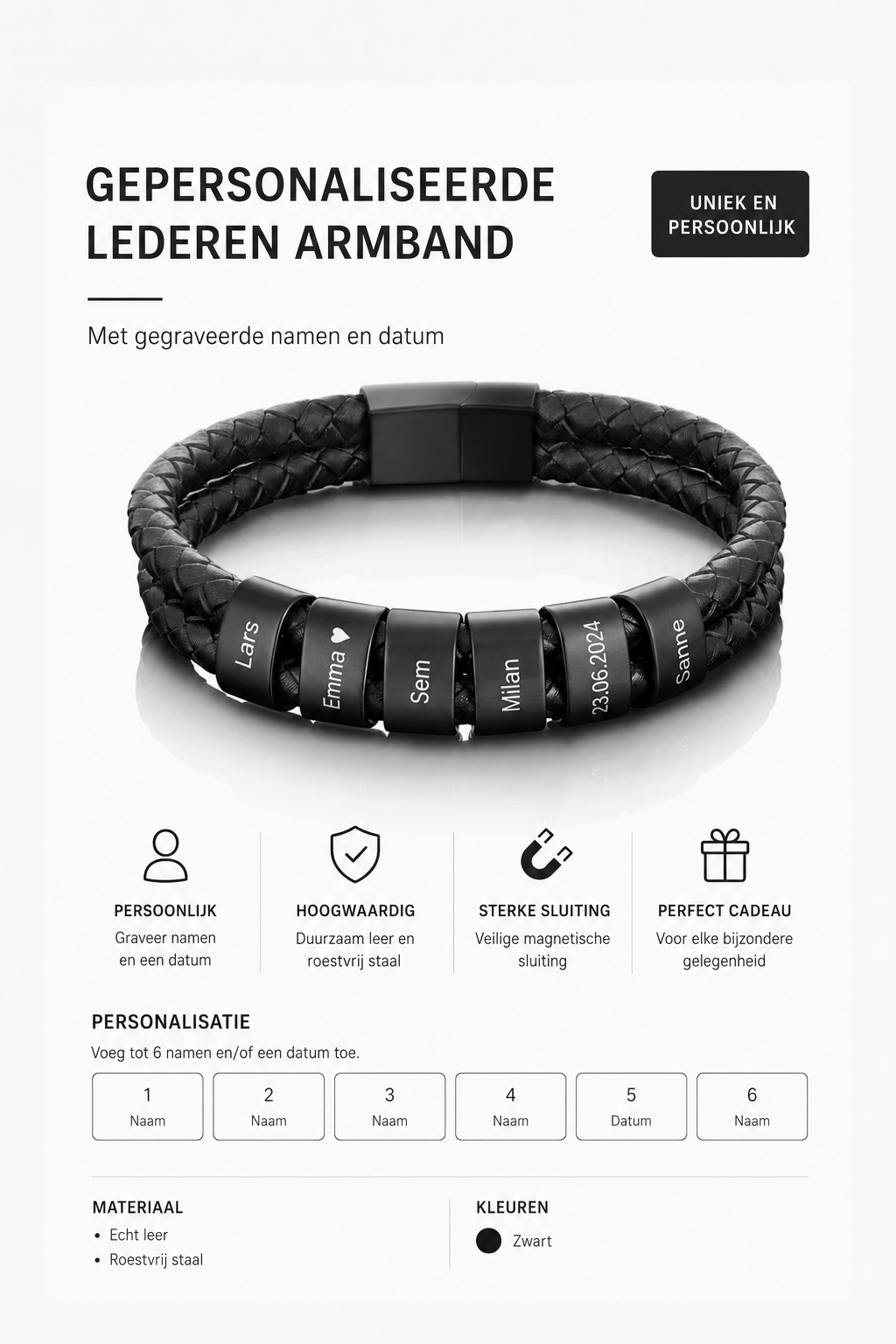 Leren Armband met Naamkralen – Persoonlijk Gegraveerd Cadeau