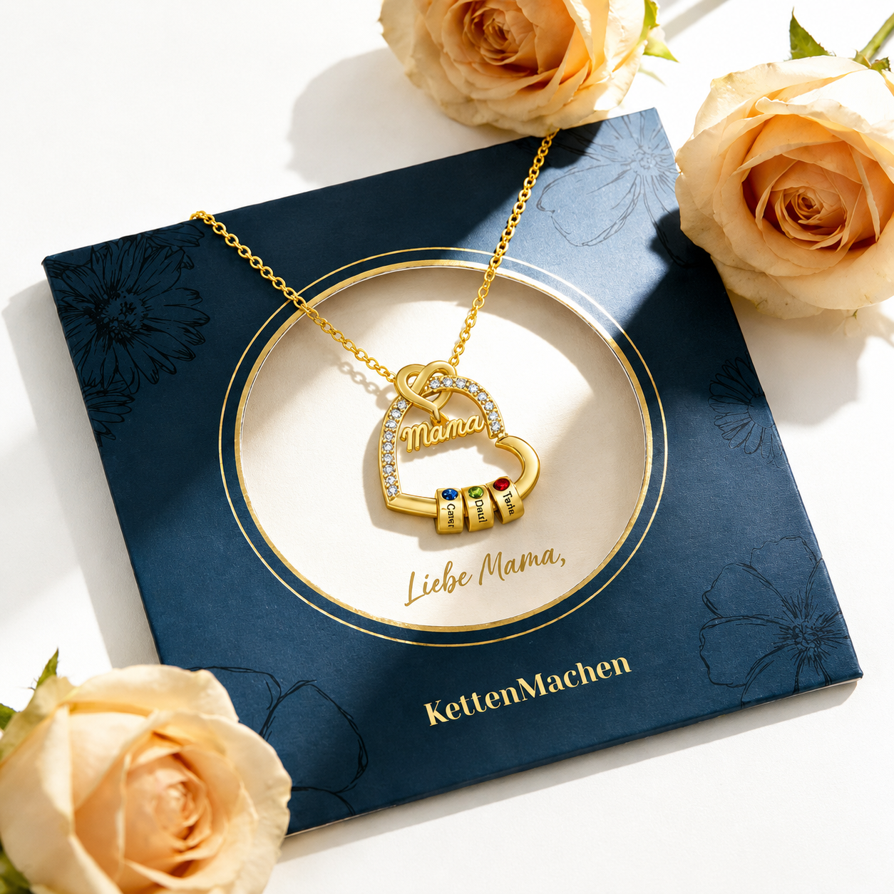 Gepersonaliseerde hartketting met titel, 1–5 namen & 1–5 geboortestenen – Geschenkdoos voor mama, moeder of oma