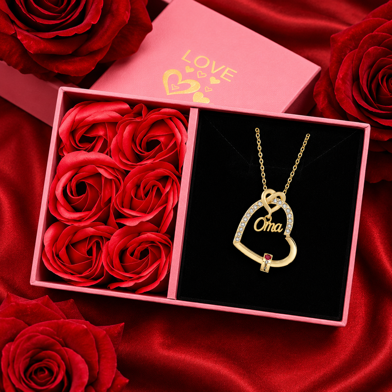 Gepersonaliseerde hartketting met titel, 1–5 namen & 1–5 geboortestenen – Geschenkdoos voor mama, moeder of oma