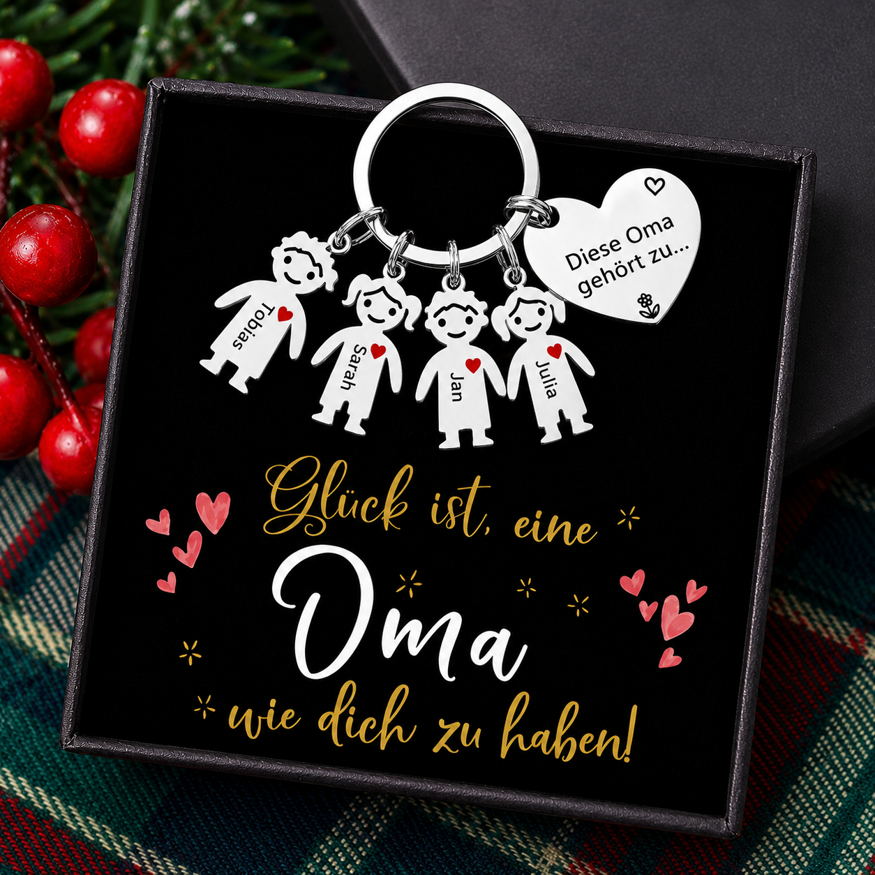 Gepersonaliseerde hartvormige familiesleutelhanger met 3 namen – "Deze oma is van..." – Liefdevol cadeau voor oma's