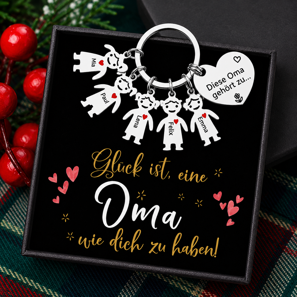 Gepersonaliseerde hartvormige familiesleutelhanger met 3 namen – "Deze oma is van..." – Liefdevol cadeau voor oma's