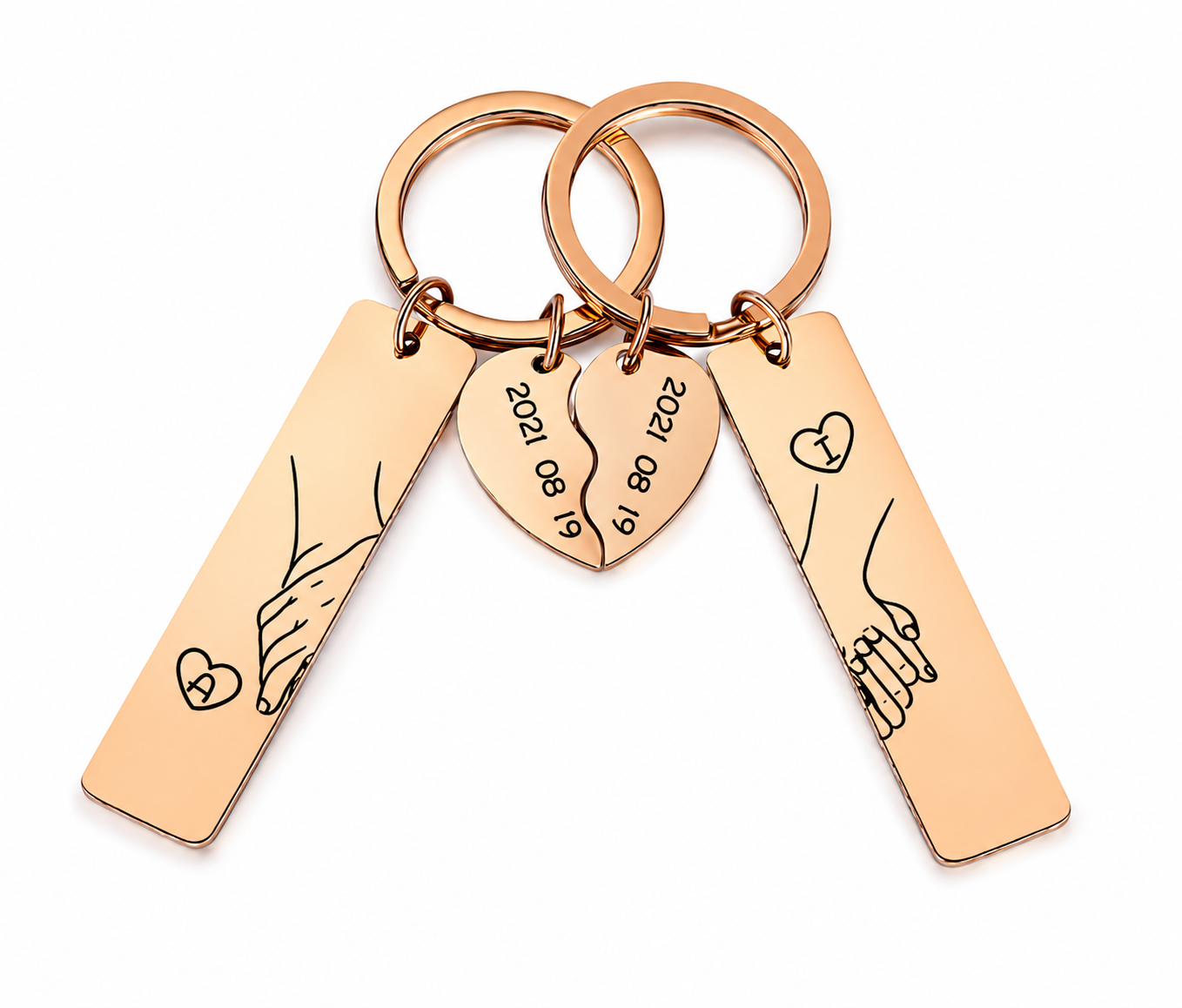 Personaliseerbare metalen sleutelhanger in hartvorm voor koppels met 2 initialen & datum – Hand in hand – Voor mijn man – Cadeau met wenskaartje