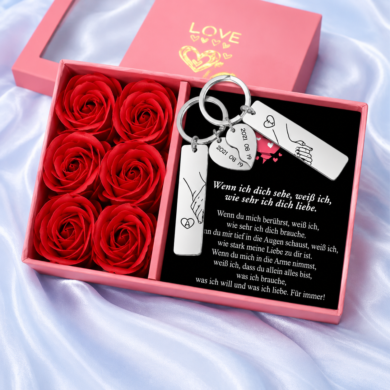 Personaliseerbare metalen sleutelhanger in hartvorm voor koppels met 2 initialen & datum – Hand in hand – Voor mijn man – Cadeau met wenskaartje
