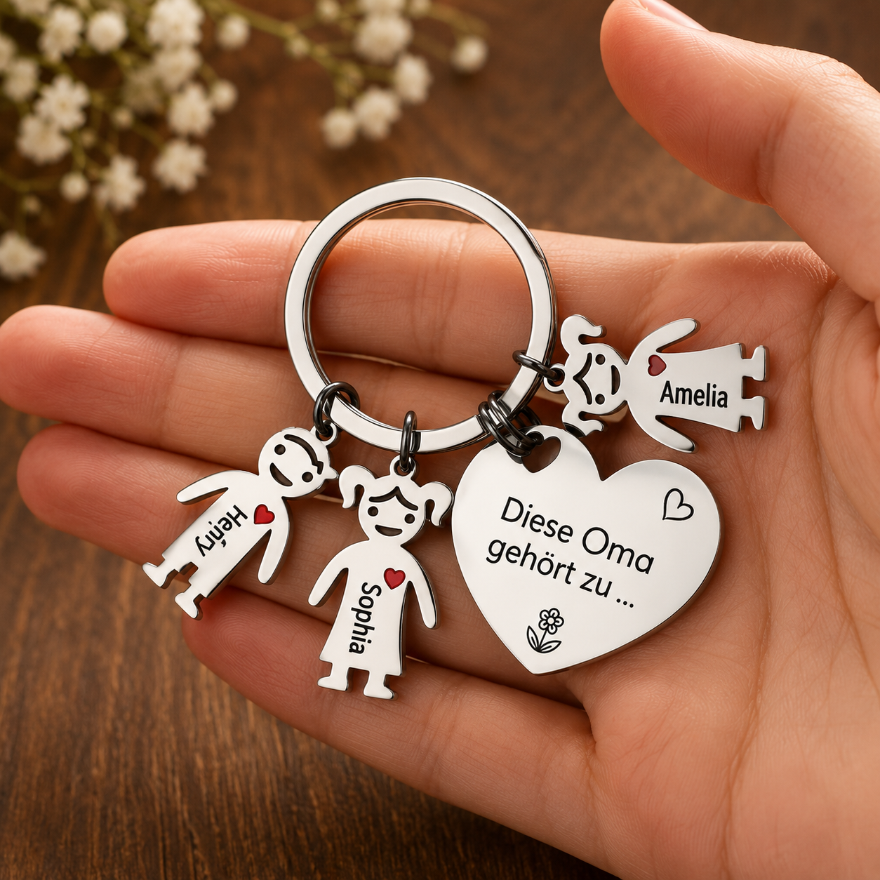 Gepersonaliseerde hartvormige familiesleutelhanger met 3 namen – "Deze oma is van..." – Liefdevol cadeau voor oma's