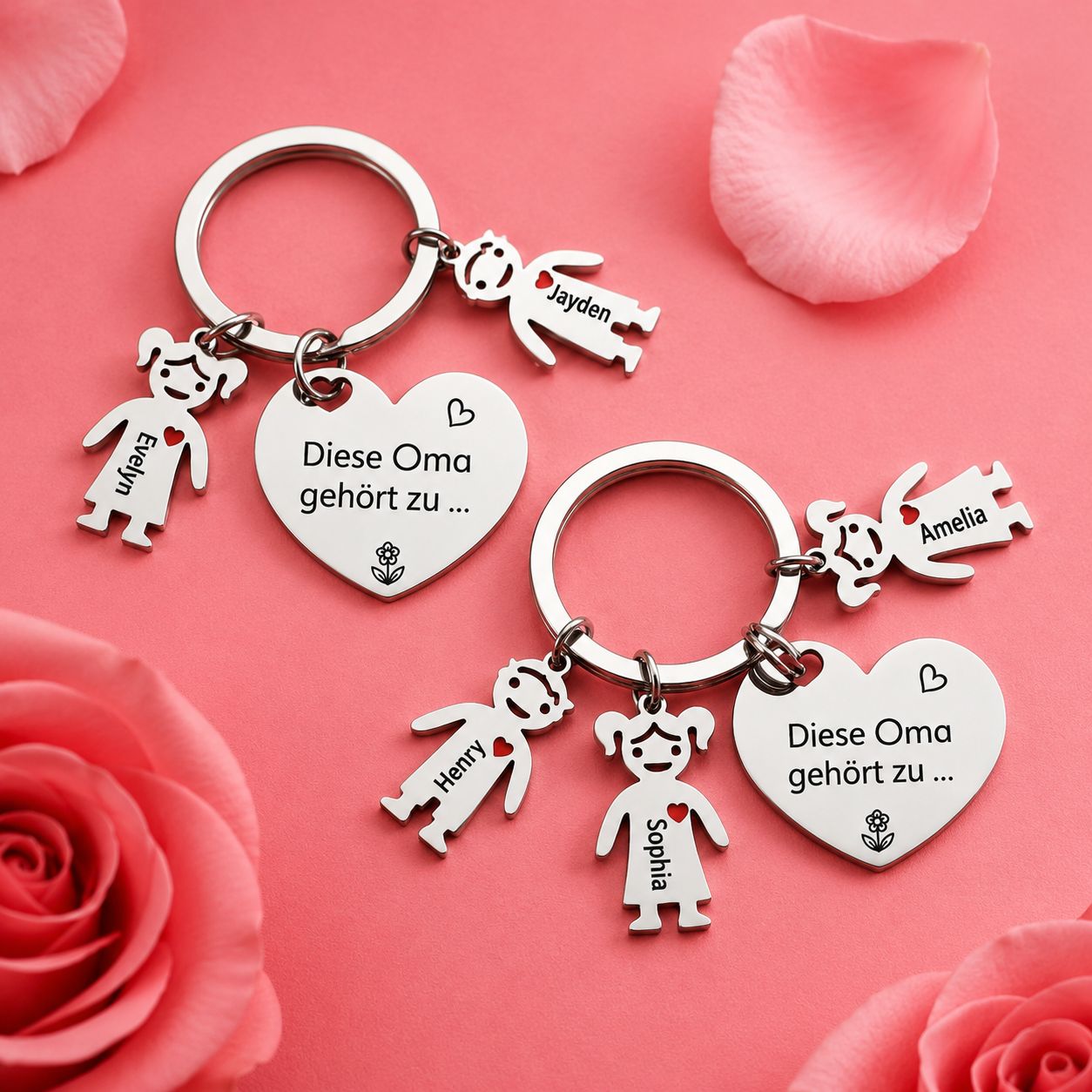 Gepersonaliseerde hartvormige familiesleutelhanger met 3 namen – "Deze oma is van..." – Liefdevol cadeau voor oma's