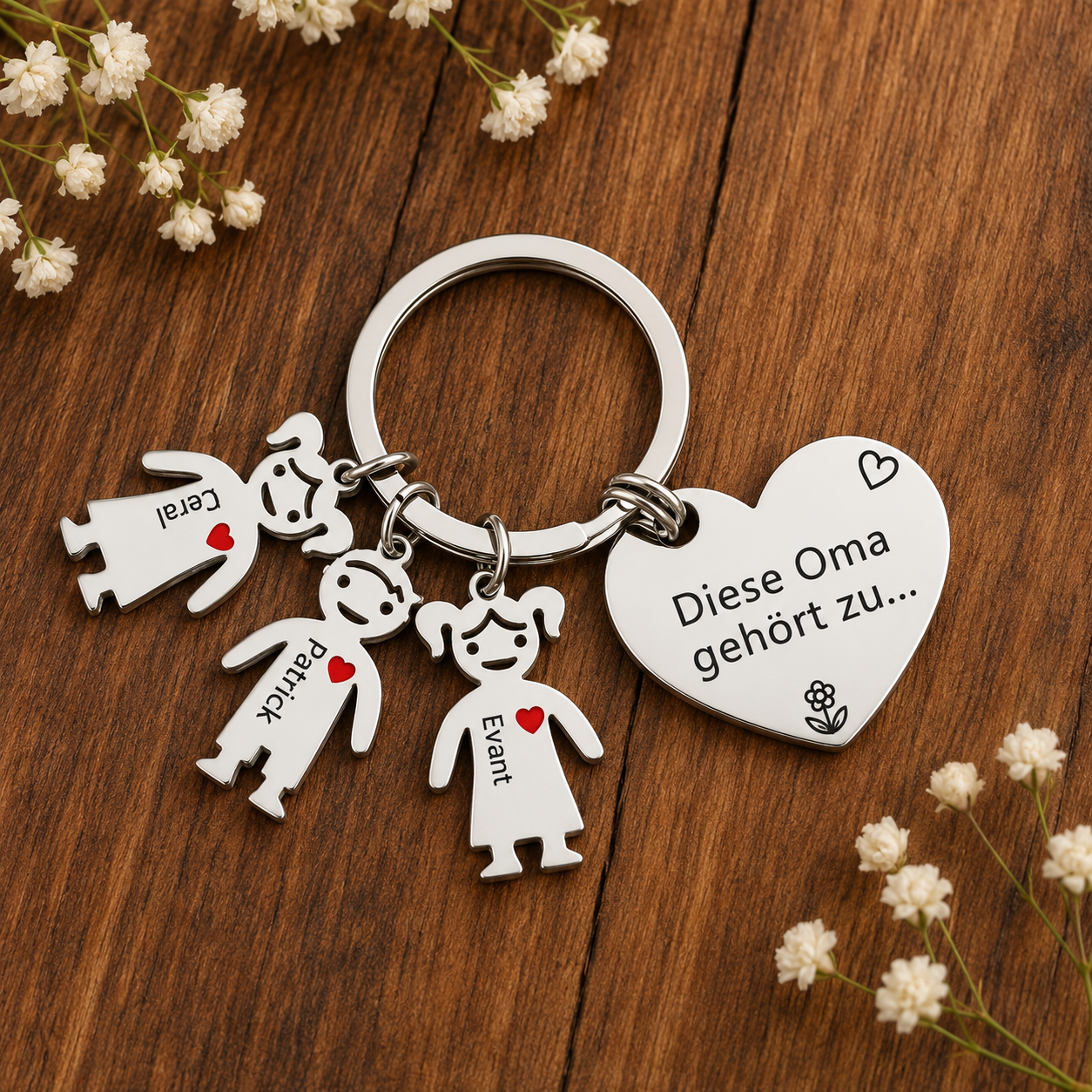 Gepersonaliseerde hartvormige familiesleutelhanger met 3 namen – "Deze oma is van..." – Liefdevol cadeau voor oma's