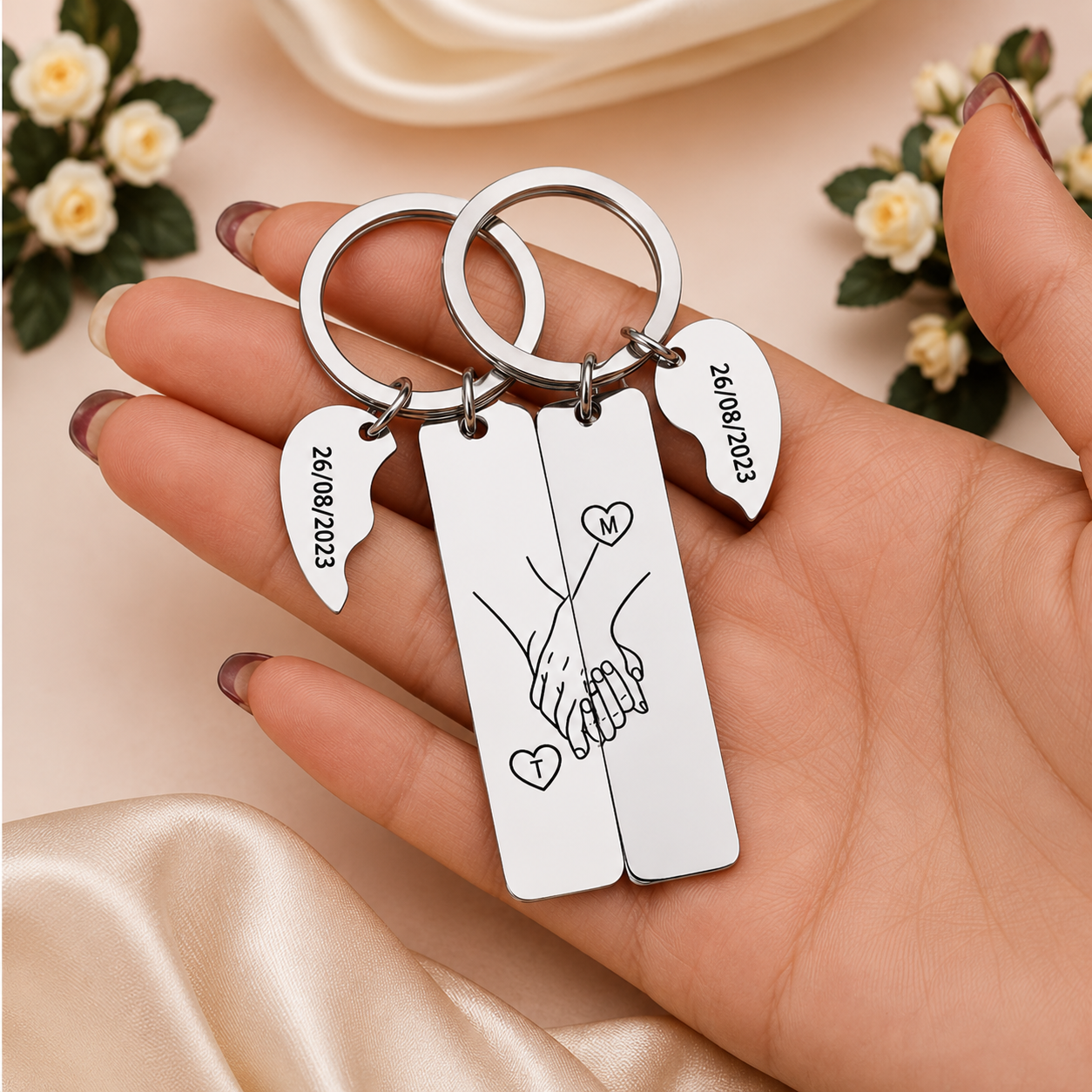 Personaliseerbare metalen sleutelhanger in hartvorm voor koppels met 2 initialen & datum – Hand in hand – Voor mijn man – Cadeau met wenskaartje