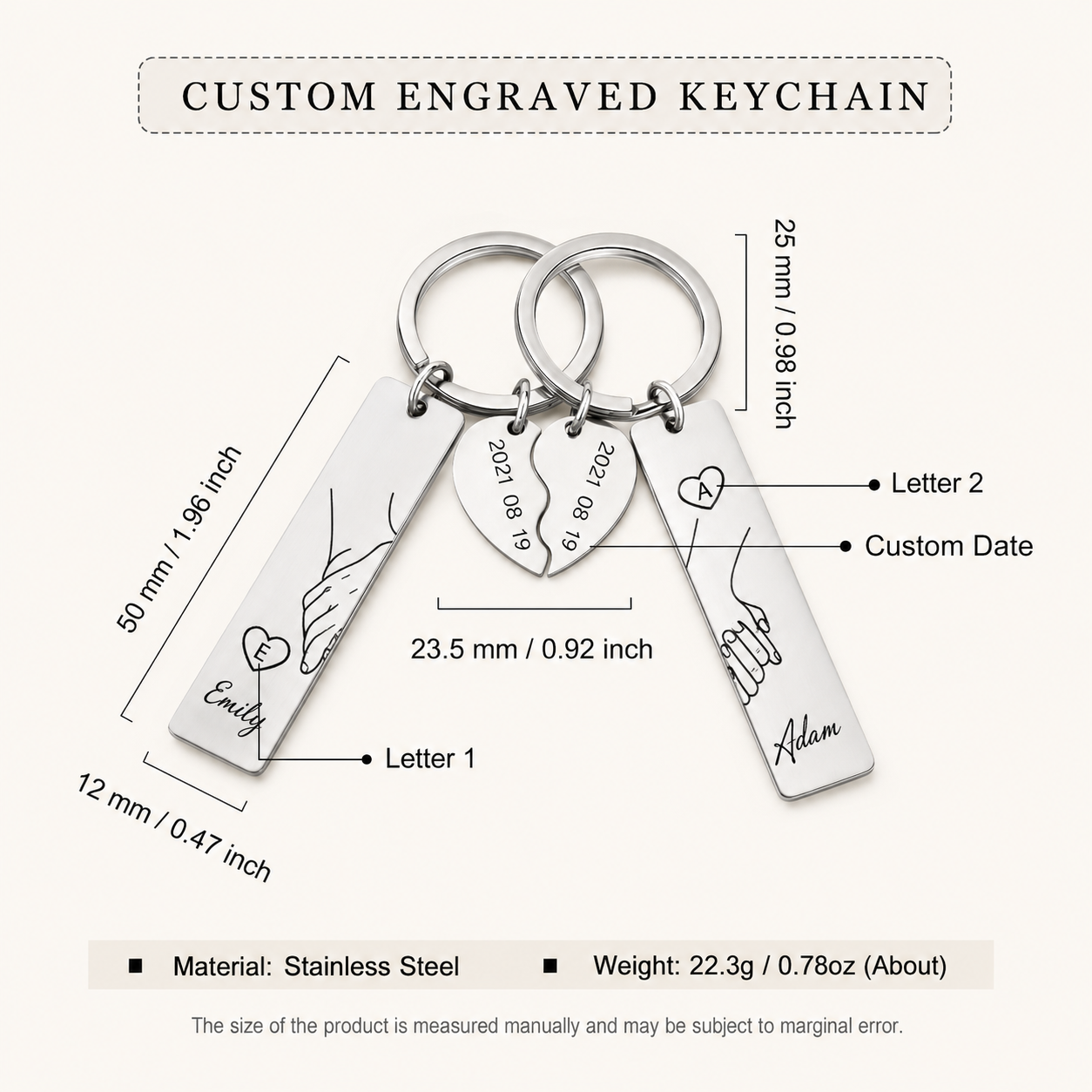 Personaliseerbare metalen sleutelhanger in hartvorm voor koppels met 2 initialen & datum – Hand in hand – Voor mijn man – Cadeau met wenskaartje