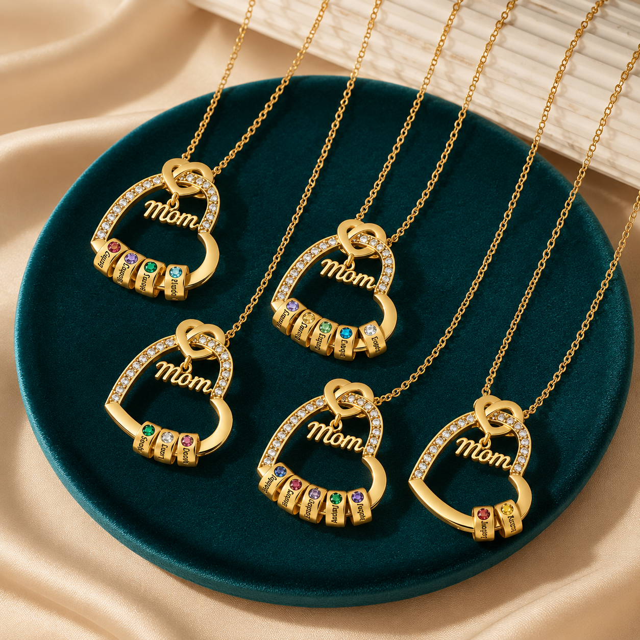 Gepersonaliseerde hartketting met titel, 1–5 namen & 1–5 geboortestenen – Geschenkdoos voor mama, moeder of oma