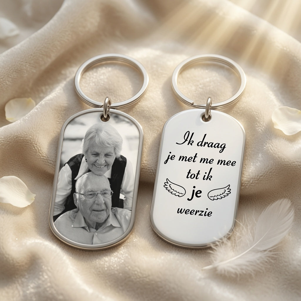 Acryl Foto Sleutelhanger met Gravure – Herdenkingsgeschenk.