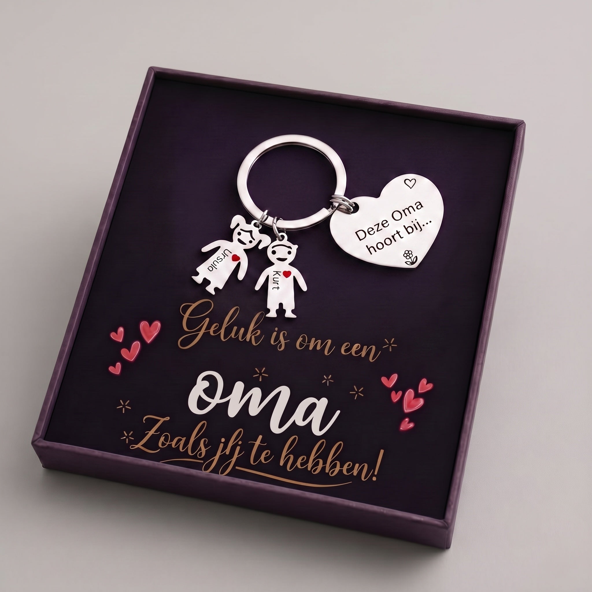Gepersonaliseerde hartvormige familiesleutelhanger met namen – "Deze oma is van..." – Liefdevol cadeau voor oma's