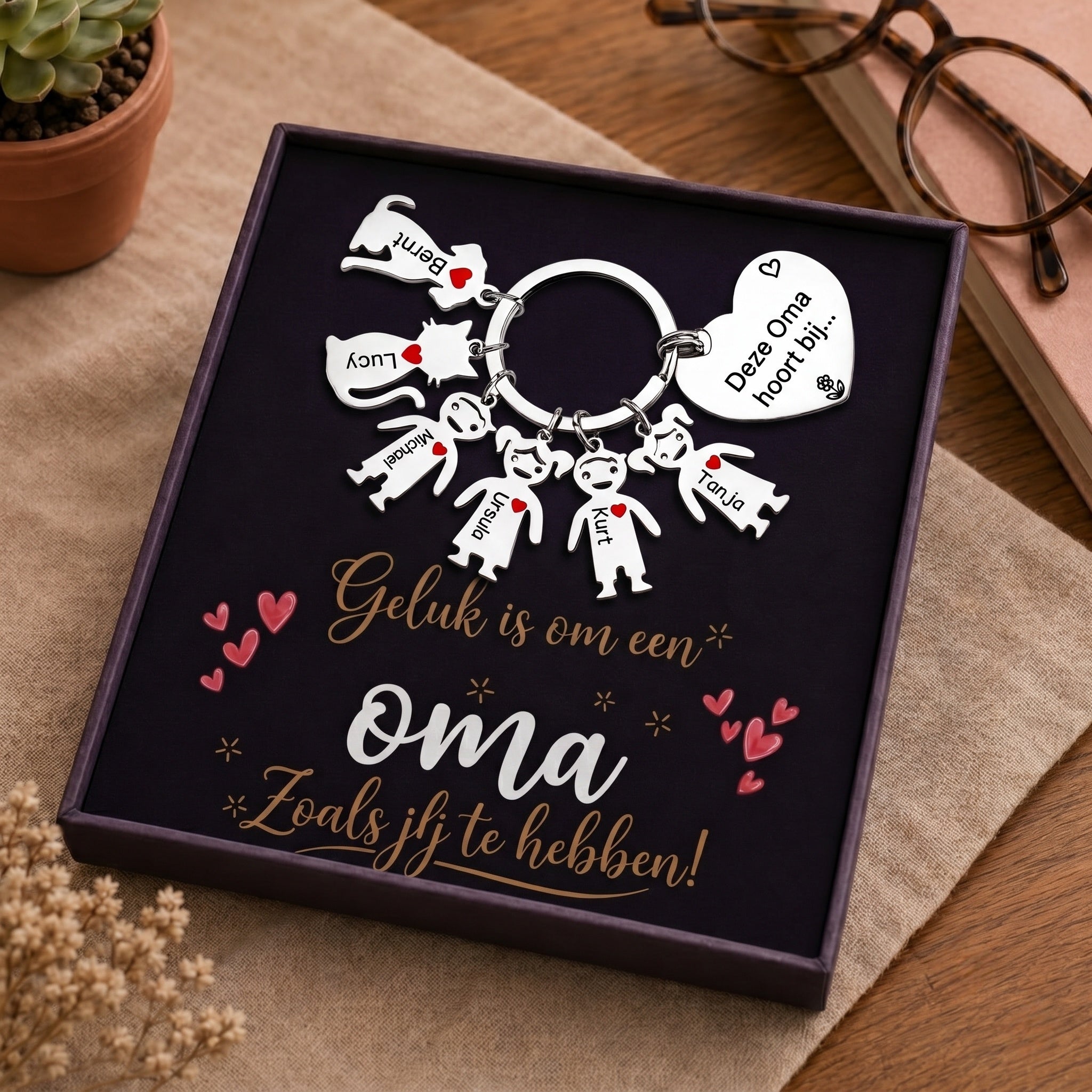 Gepersonaliseerde hartvormige familiesleutelhanger met namen – "Deze oma is van..." – Liefdevol cadeau voor oma's