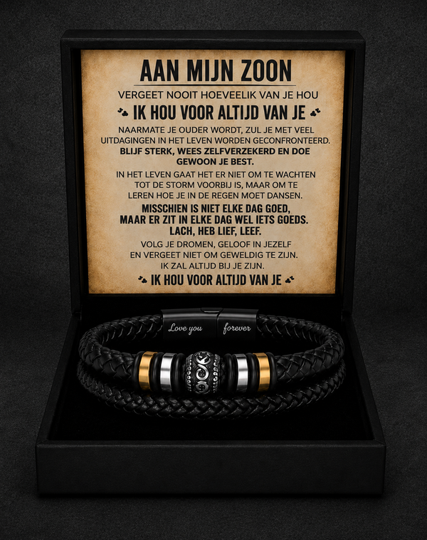 Aan Mijn Zoon – Gevlochten Leren Armband van Roestvrij Staal