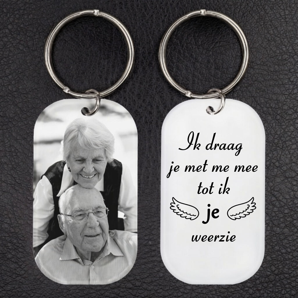 Acryl Foto Sleutelhanger met Gravure – Herdenkingsgeschenk.