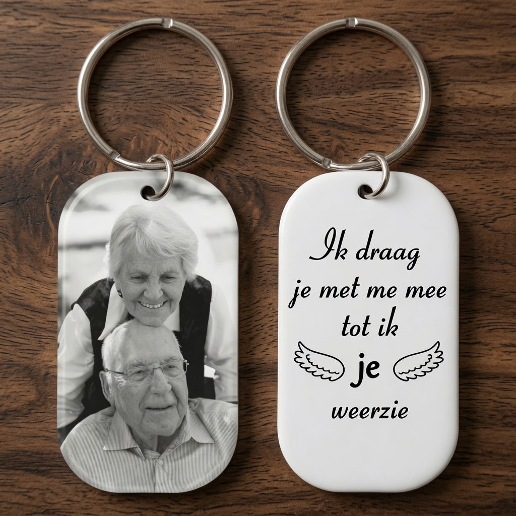 Acryl Foto Sleutelhanger met Gravure – Herdenkingsgeschenk.