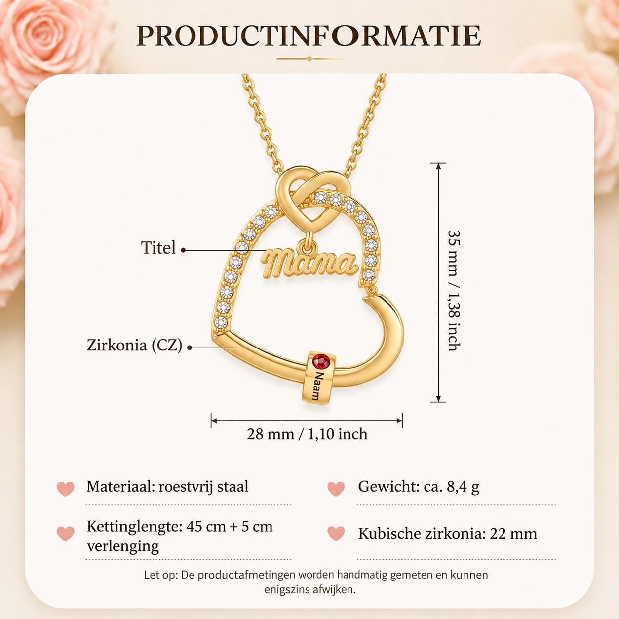 Mama/Oma Gepersonaliseerde hartketting kindernamen en -geboortestenen