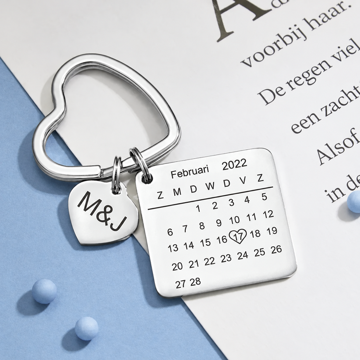 Gepersonaliseerde hartkalender sleutelhanger - Graveer initialen en datum