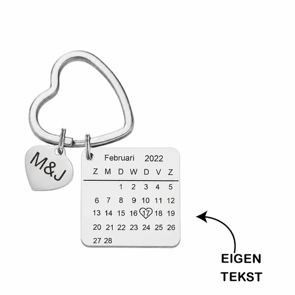 Gepersonaliseerde hartkalender sleutelhanger - Graveer initialen en datum