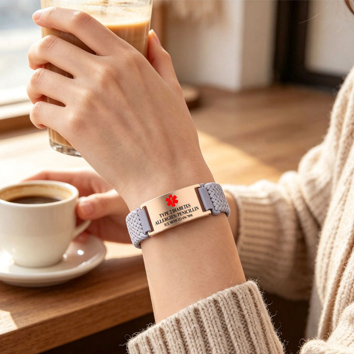 Gepersonaliseerde medische alarmarmband voor lymfoedeem – Cadeau met medische informatie voor borstkankerpatiënten, diabetici, mensen met allergieën en epilepsiepatiënten
